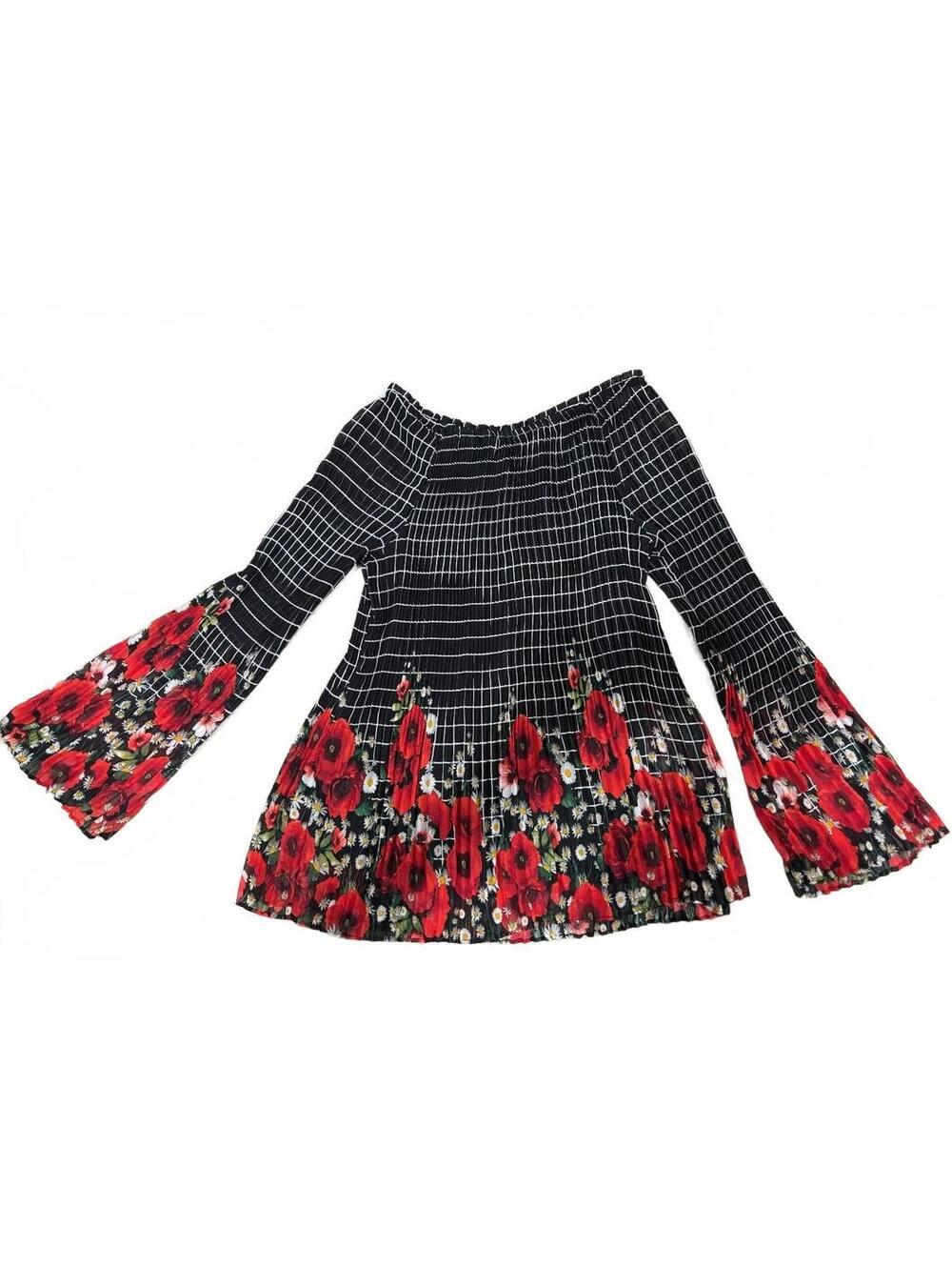 Black Off-Shoulder Bell Sleeve Top with Red Floral and Grid Pattern